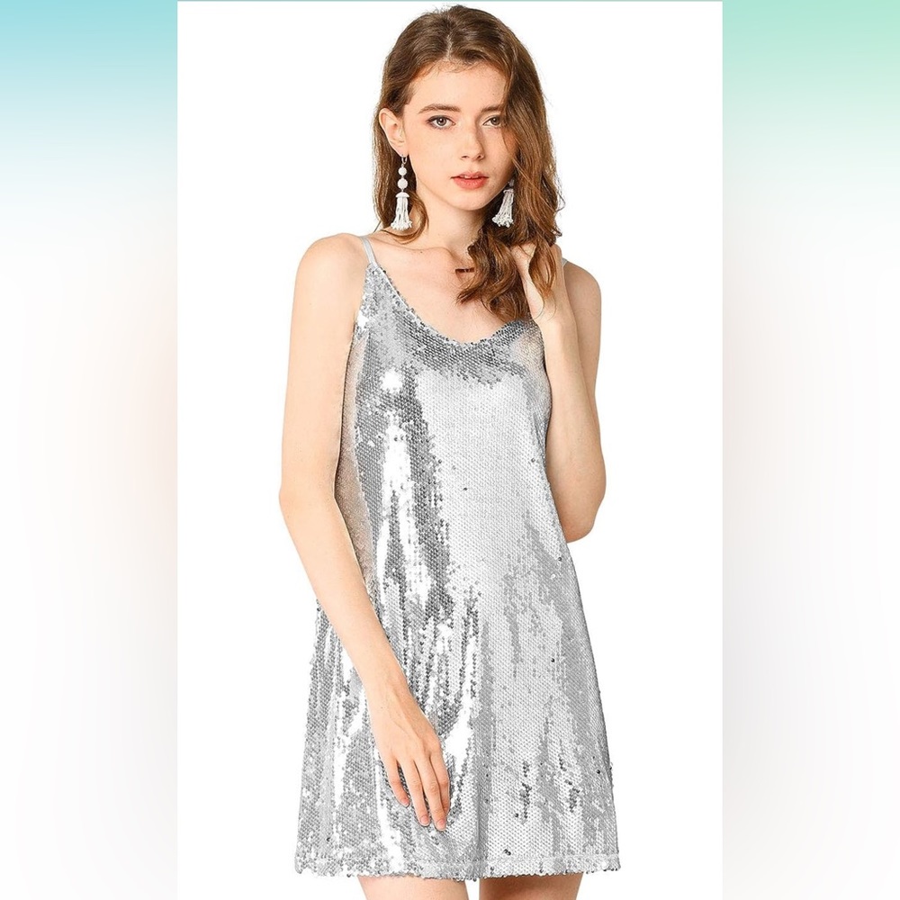 Allegra K Womens Glitter Sequin V Neck Spaghetti Strap Mini Party Dress Clubwear